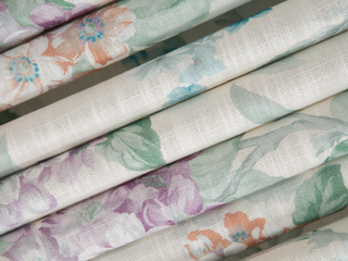 floral-patterned fabric in pastel colors.