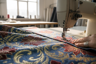 a worker are making a curtains with sewing machine, just show the fabrices, a part of sewing maching and a part of the worker's hand