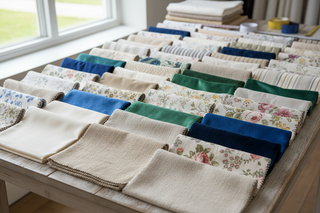 many curtains fabric samples on the table 