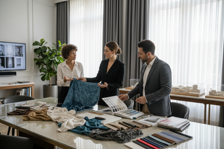 three interior designers are discussing about curtains and shades